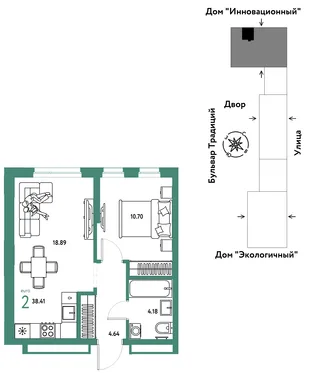 Планировка 2-комн. квартира, 38.41 м² ЖК «Микрорайон Домашний»