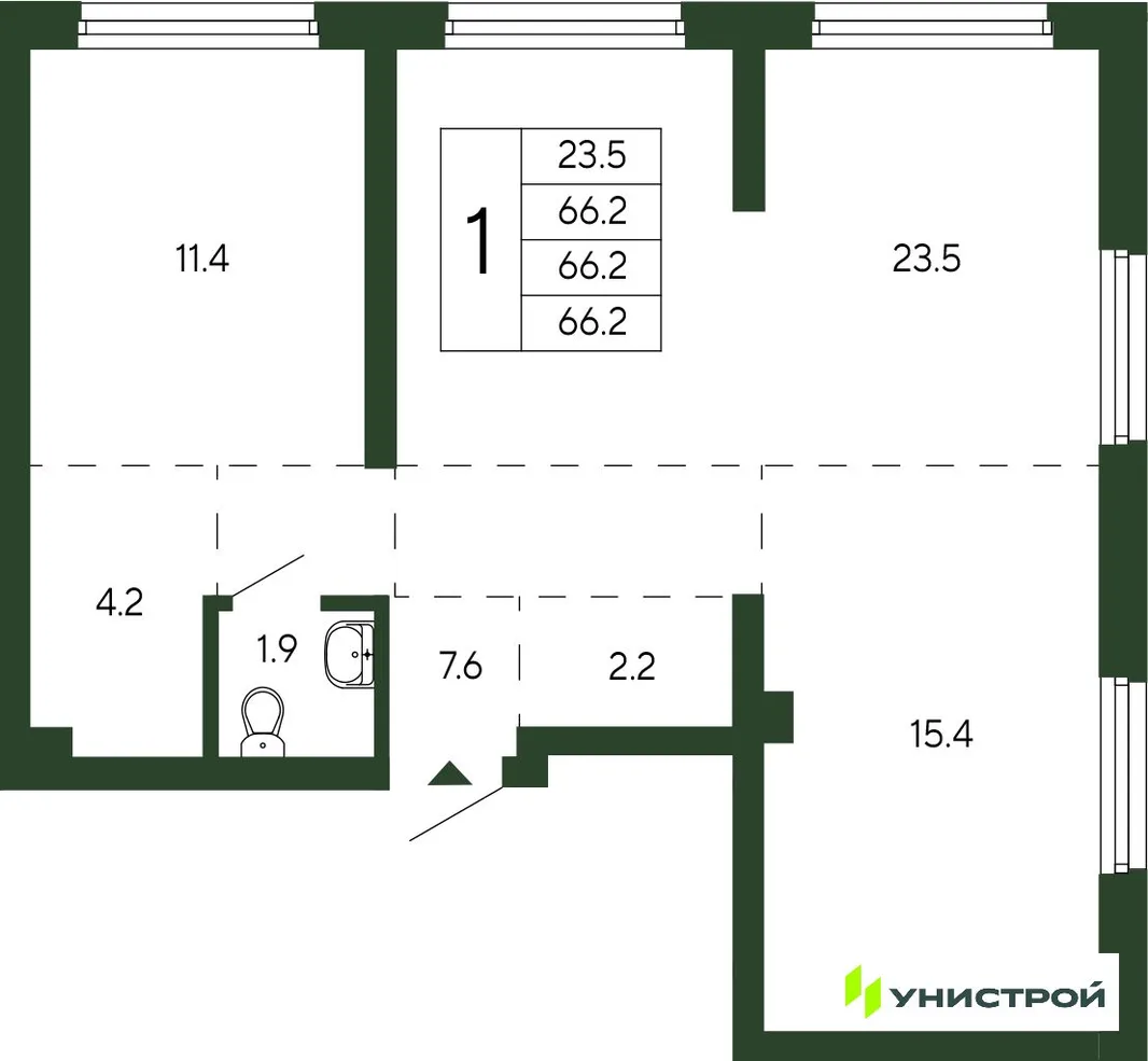 Планировка 1-комн. квартира, 66.2 м² ЖК «Парковый квартал 2.0»