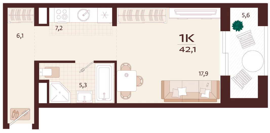Планировка 1-комн. квартира, 42.1 м² ЖК «Роялта»