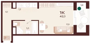 Планировка 1-комн. квартира, 42.1 м² ЖК «Роялта»