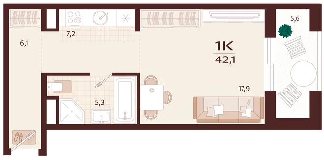 Планировка 1-комн. квартира, 42.1 м² ЖК «Роялта»
