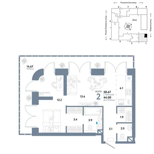 Планировка 2-комн. квартира, 58.67 м² ЖК «Страна.Озёрная»