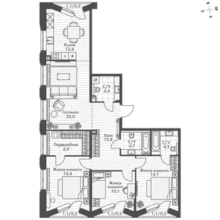 Квартира 4-комн. квартира, 107.3 м² ЖК «Фордевинд» Фото 1 Квартира 4-комн. квартира, 107.3 м² ЖК «Фордевинд» Фото 1