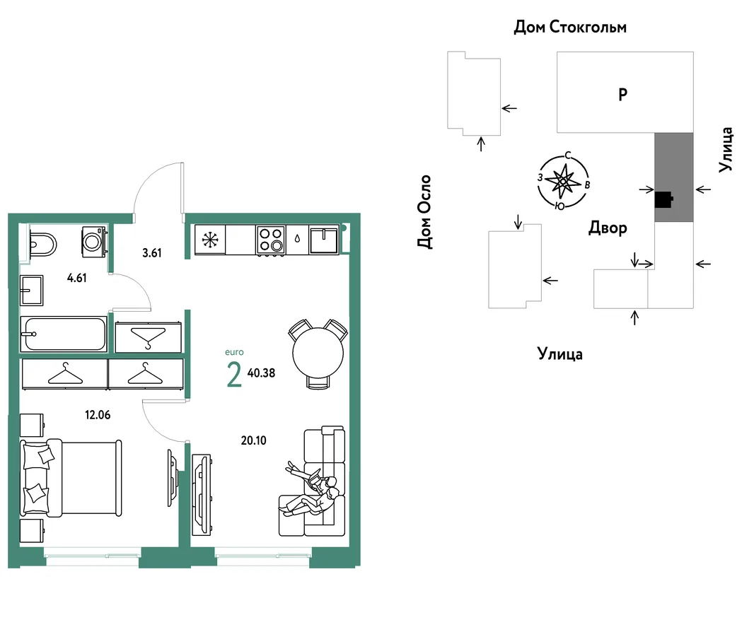 Планировка 2-комн. квартира, 40.38 м² ЖК «Европейский берег 2.0»