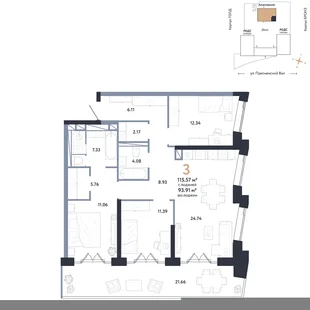 Планировка 3-комн. квартира, 115.57 м² ЖК «Репаблик»