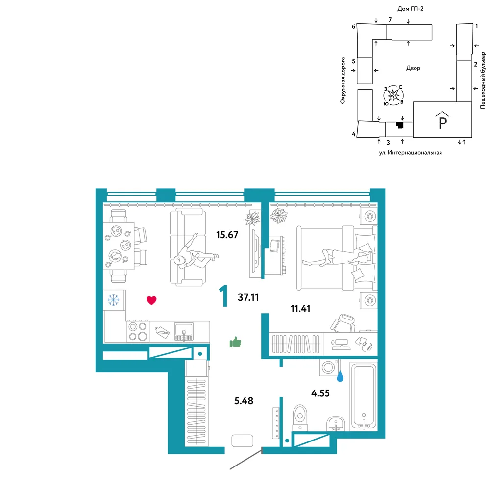 Планировка 1-комн. квартира, 37.11 м² ЖК «Юнион»