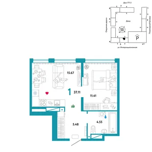Планировка 1-комн. квартира, 37.11 м² ЖК «Юнион»