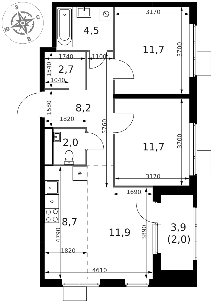 Планировка 3-комн. квартира, 63.4 м² ЖК «1-й Химкинский»