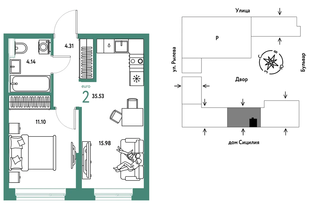 Планировка 2-комн. квартира, 35.53 м² ЖК «Остров-сад»