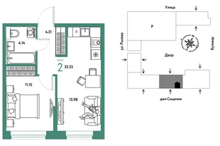 Планировка 2-комн. квартира, 35.53 м² ЖК «Остров-сад»