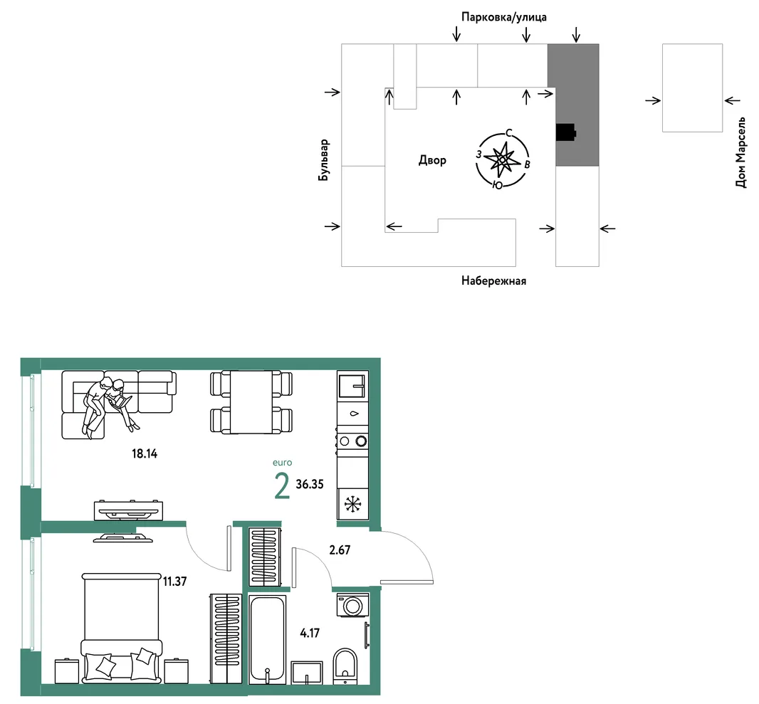 Планировка 2-комн. квартира, 36.35 м² ЖК «Европейский берег 2.0»