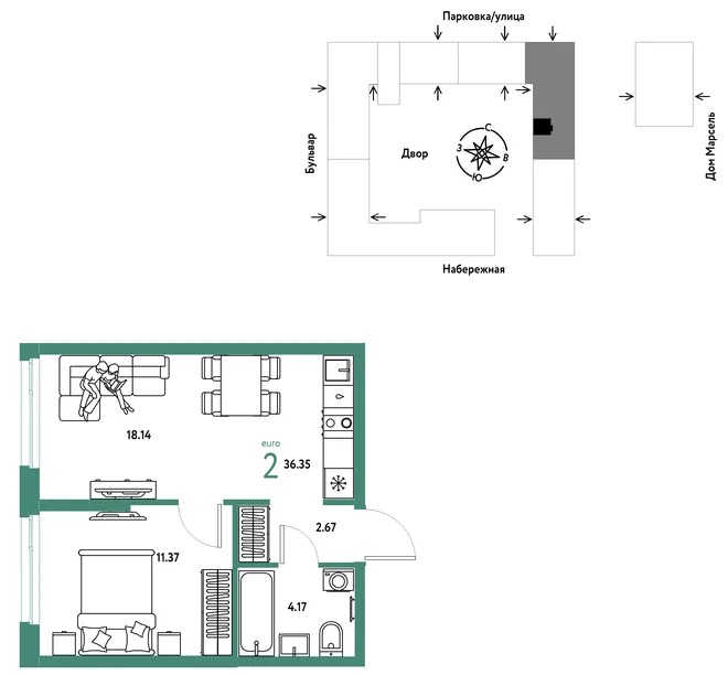 Планировка 2-комн. квартира, 36.35 м² ЖК «Европейский берег 2.0» Планировка 2-комн. квартира, 36.35 м² ЖК «Европейский берег 2.0»