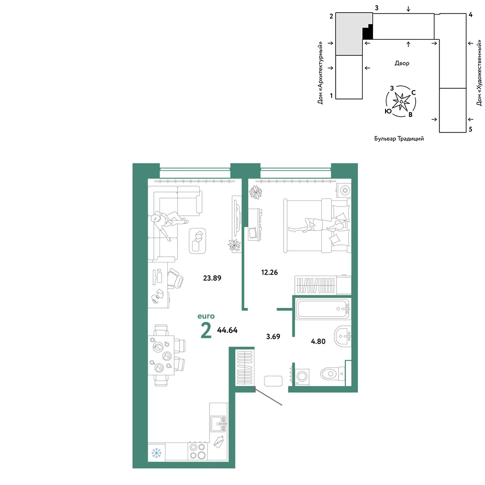 Планировка 2-комн. квартира, 44.64 м² ЖК «Микрорайон Домашний»