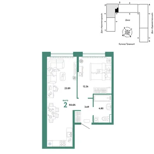Планировка 2-комн. квартира, 44.64 м² ЖК «Микрорайон Домашний»