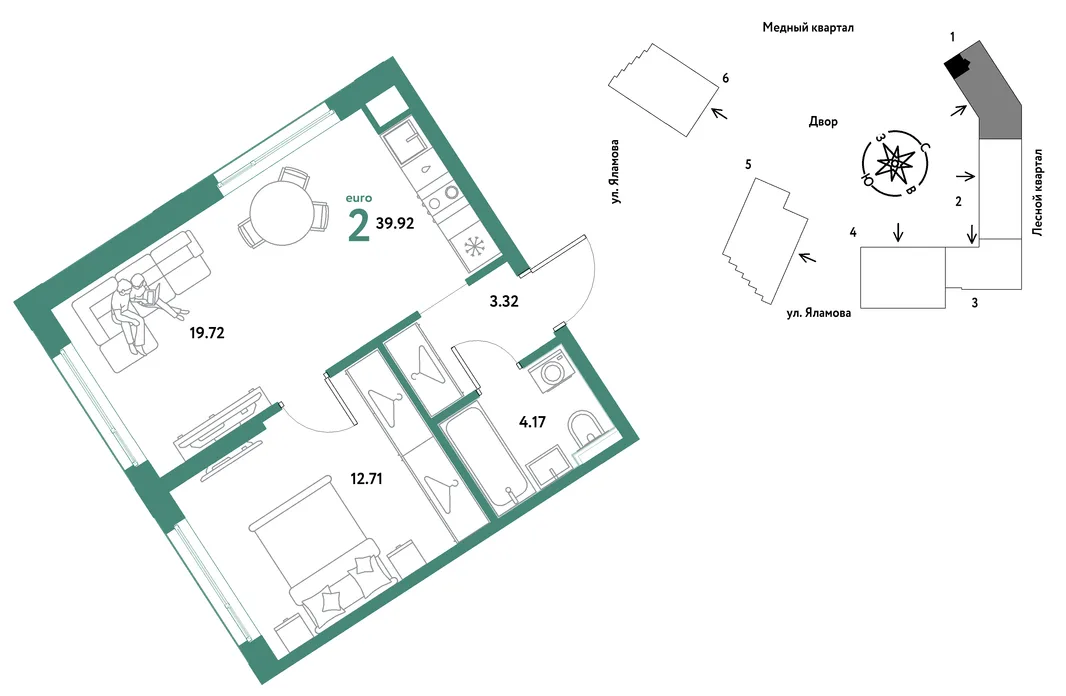 Планировка 2-комн. квартира, 39.92 м² ЖК «Сибирский сад»