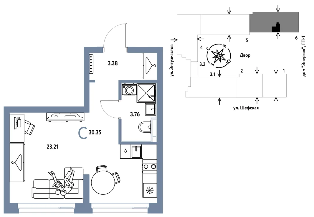 Планировка Студия, 30.35 м² ЖК «Страна.Энтузиастов»