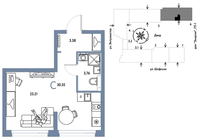 Планировка Студия, 30.35 м² ЖК «Страна.Энтузиастов»