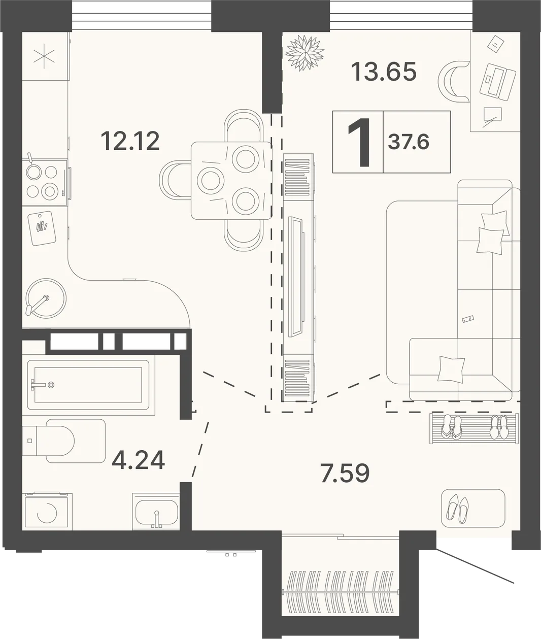 Планировка 1-комн. квартира, 37.6 м² ЖК «Светский лес»