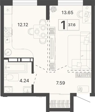 Планировка 1-комн. квартира, 37.6 м² ЖК «Светский лес»