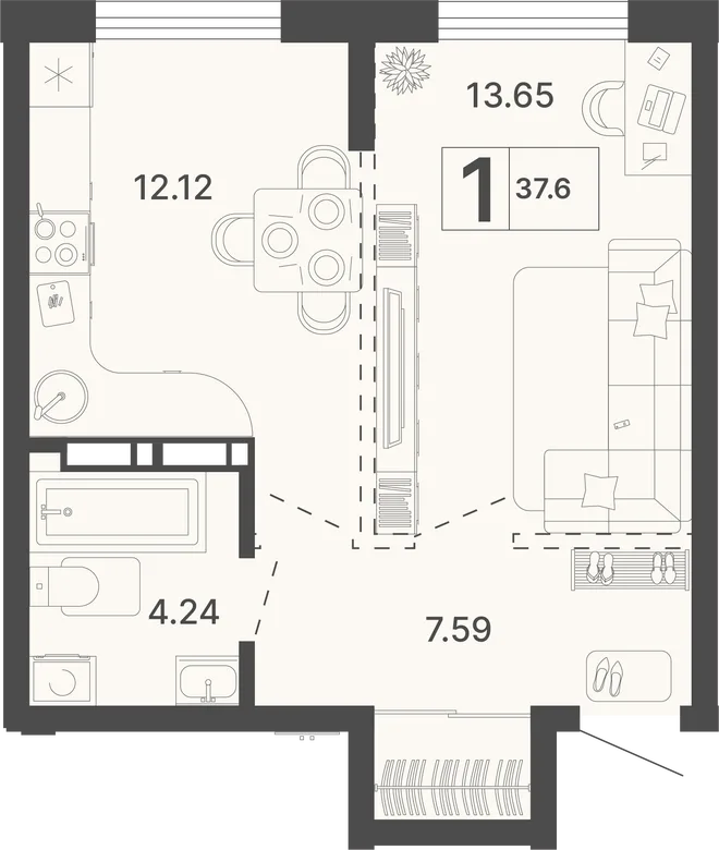 Планировка 1-комн. квартира, 37.6 м² ЖК «Светский лес»