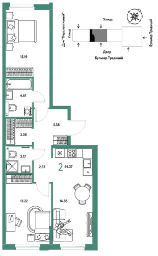 Планировка 2-комн. квартира, 64.37 м² ЖК «Микрорайон Домашний»