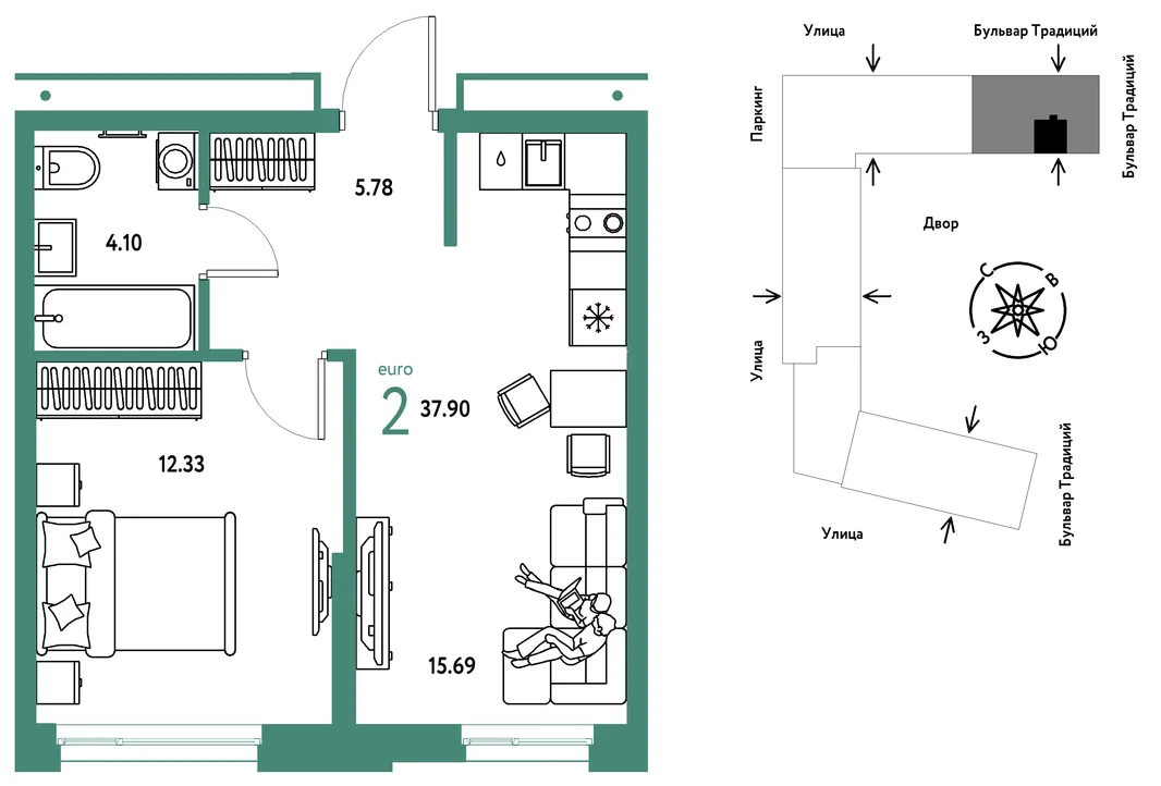 Планировка 2-комн. квартира, 37.9 м² ЖК «Микрорайон Домашний»