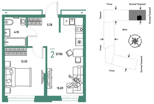 Планировка 2-комн. квартира, 37.9 м² ЖК «Микрорайон Домашний»