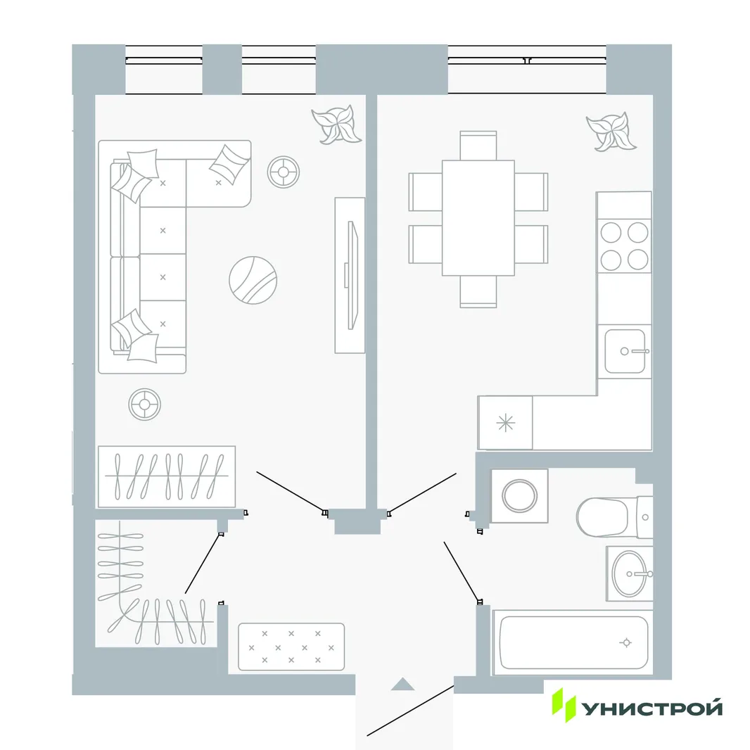 Планировка 1-комн. квартира, 34.8 м² ЖК «Причал»