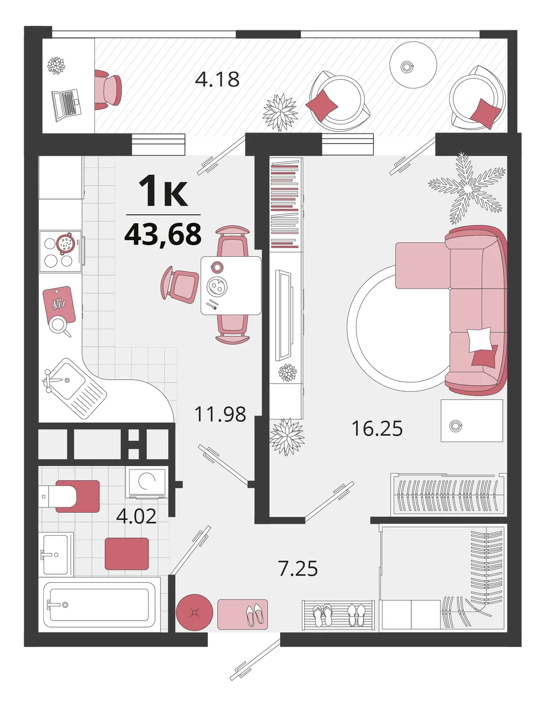 Планировка 1-комн. квартира, 43.9 м² ЖК «Родные просторы»