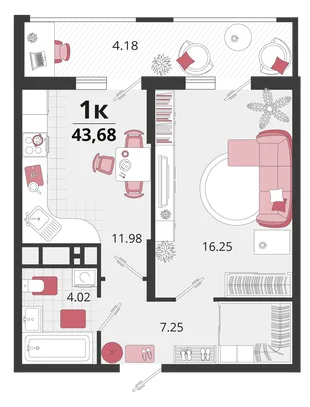 Планировка 1-комн. квартира, 43.9 м² ЖК «Родные просторы»