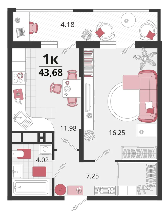 Планировка 1-комн. квартира, 43.9 м² ЖК «Родные просторы» Планировка 1-комн. квартира, 43.9 м² ЖК «Родные просторы»