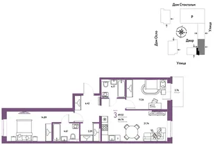 Планировка 3-комн. квартира, 69.52 м² ЖК «Европейский берег 2.0»