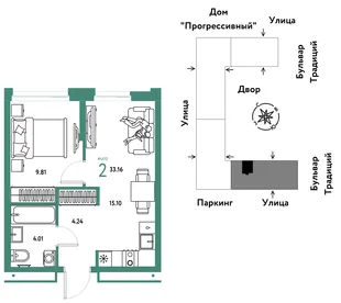 Планировка 2-комн. квартира, 33.16 м² ЖК «Микрорайон Домашний»
