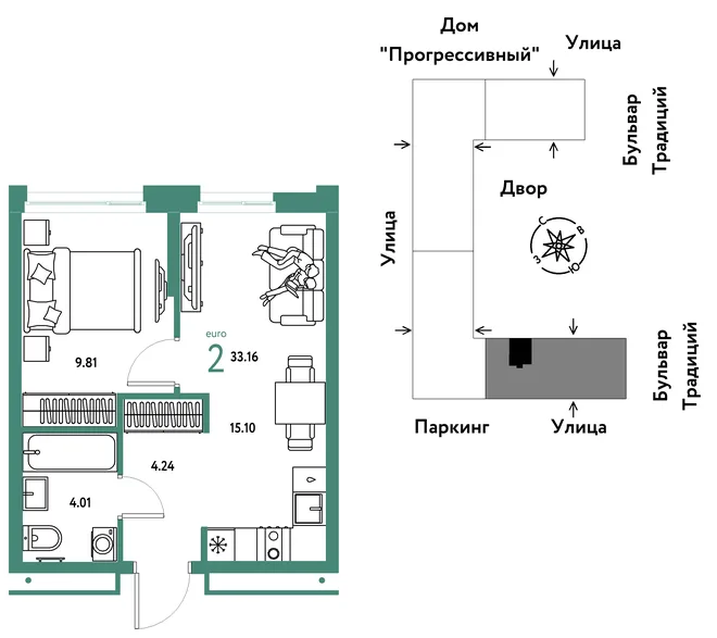 Планировка 2-комн. квартира, 33.16 м² ЖК «Микрорайон Домашний» Планировка 2-комн. квартира, 33.16 м² ЖК «Микрорайон Домашний»