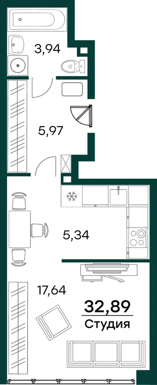 Квартира Студия, 32.89 м² ЖК «Аквамарин 2» Фото 2 Квартира Студия, 32.89 м² ЖК «Аквамарин 2» Фото 2