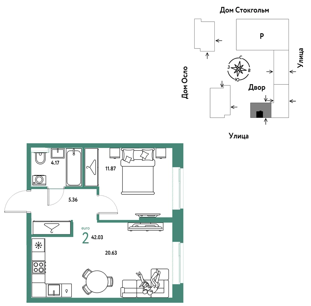 Планировка 2-комн. квартира, 42.03 м² ЖК «Европейский берег 2.0»