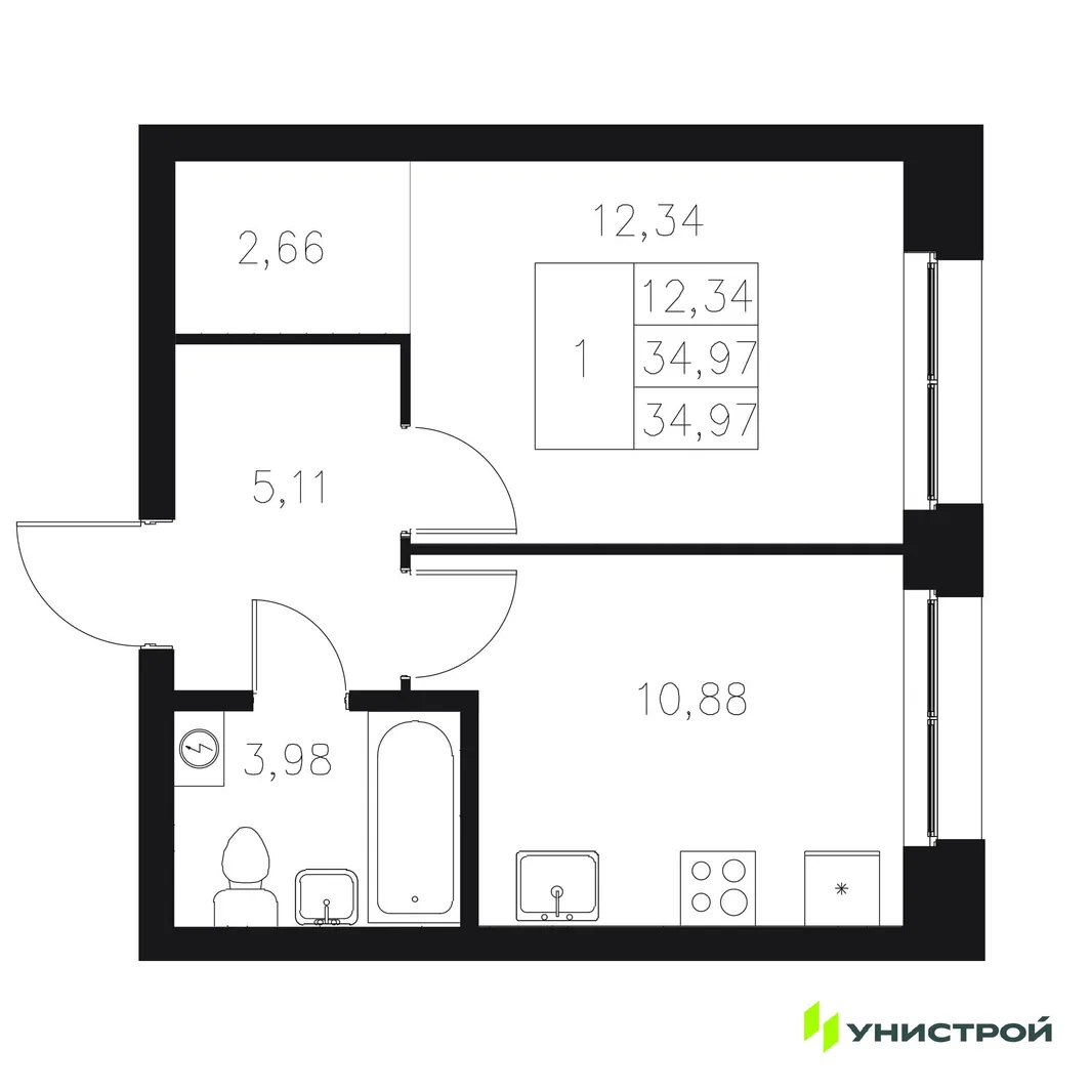 Планировка 1-комн. квартира, 34.97 м² ЖК «Statum»