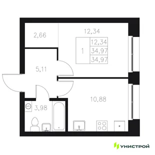 Планировка 1-комн. квартира, 34.97 м² ЖК «Statum»