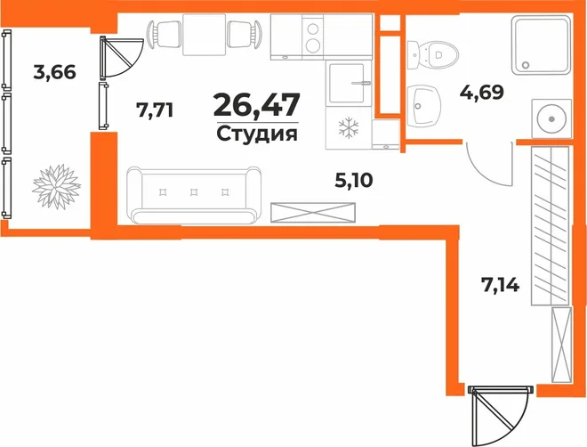 Планировка Студия, 26.47 м² ЖК «Живописный сад» Планировка Студия, 26.47 м² ЖК «Живописный сад»