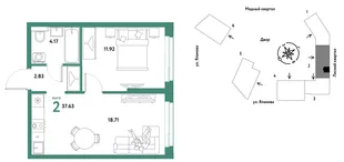 Планировка 2-комн. квартира, 37.63 м² ЖК «Сибирский сад»