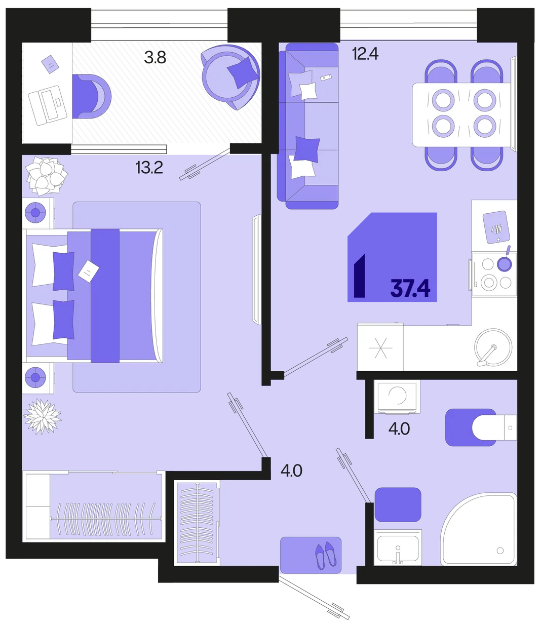 Планировка 1-комн. квартира, 37.4 м² ЖК «Первое место»