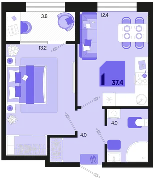 Планировка 1-комн. квартира, 37.4 м² ЖК «Первое место»