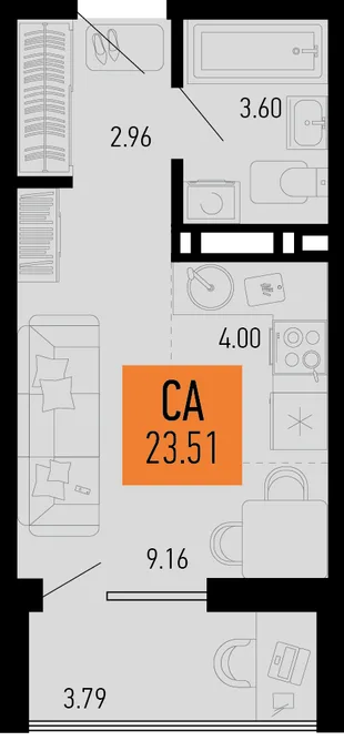 Планировка Студия, 23.51 м² ЖК «Столицыно»
