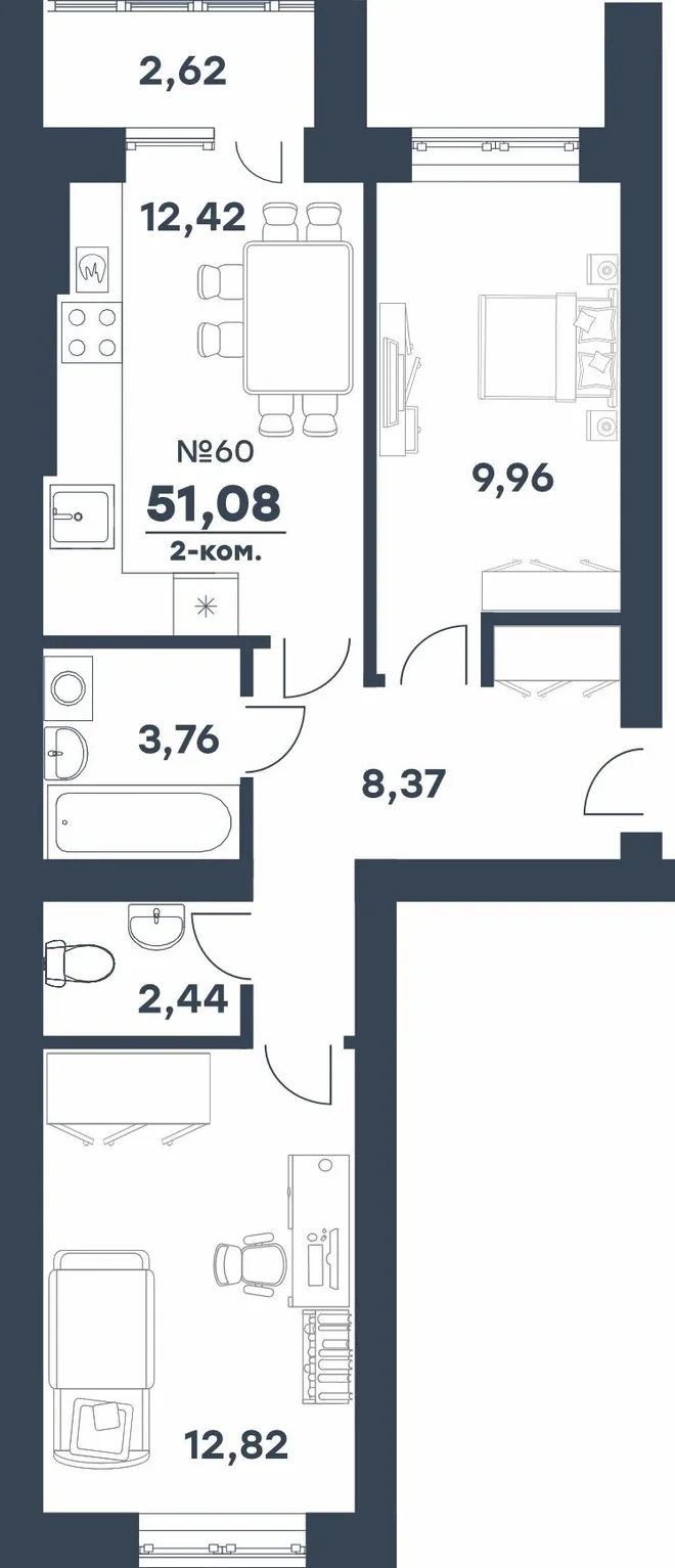 Планировка 2-комн. квартира, 51.08 м² ЖК «мкр. Долина» Планировка 2-комн. квартира, 51.08 м² ЖК «мкр. Долина»