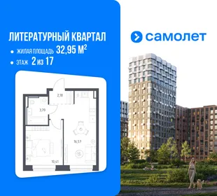 Планировка 1-комн. квартира, 32.95 м² ЖК «Литературный Квартал»