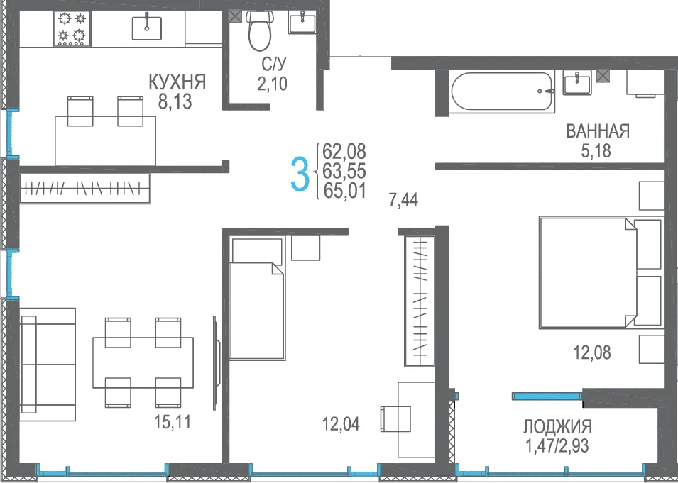 Планировка 3-комн. квартира, 65.01 м² ЖК «Розовое озеро»