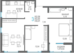 Планировка 3-комн. квартира, 65.01 м² ЖК «Розовое озеро»