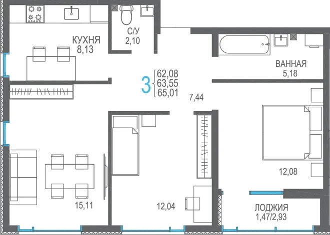 Планировка 3-комн. квартира, 65.01 м² ЖК «Розовое озеро» Планировка 3-комн. квартира, 65.01 м² ЖК «Розовое озеро»