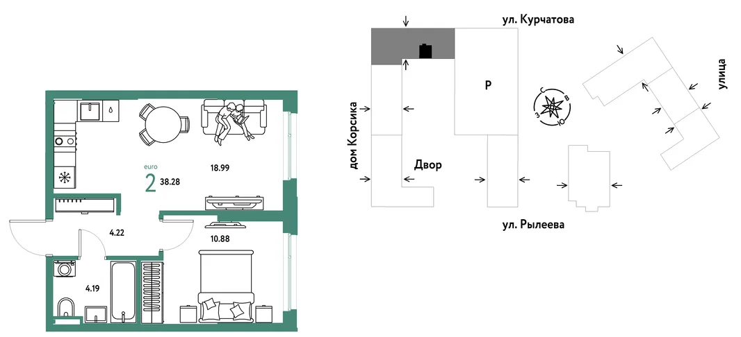 Планировка 2-комн. квартира, 38.28 м² ЖК «Остров-сад»