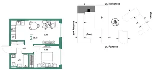 Планировка 2-комн. квартира, 38.28 м² ЖК «Остров-сад»